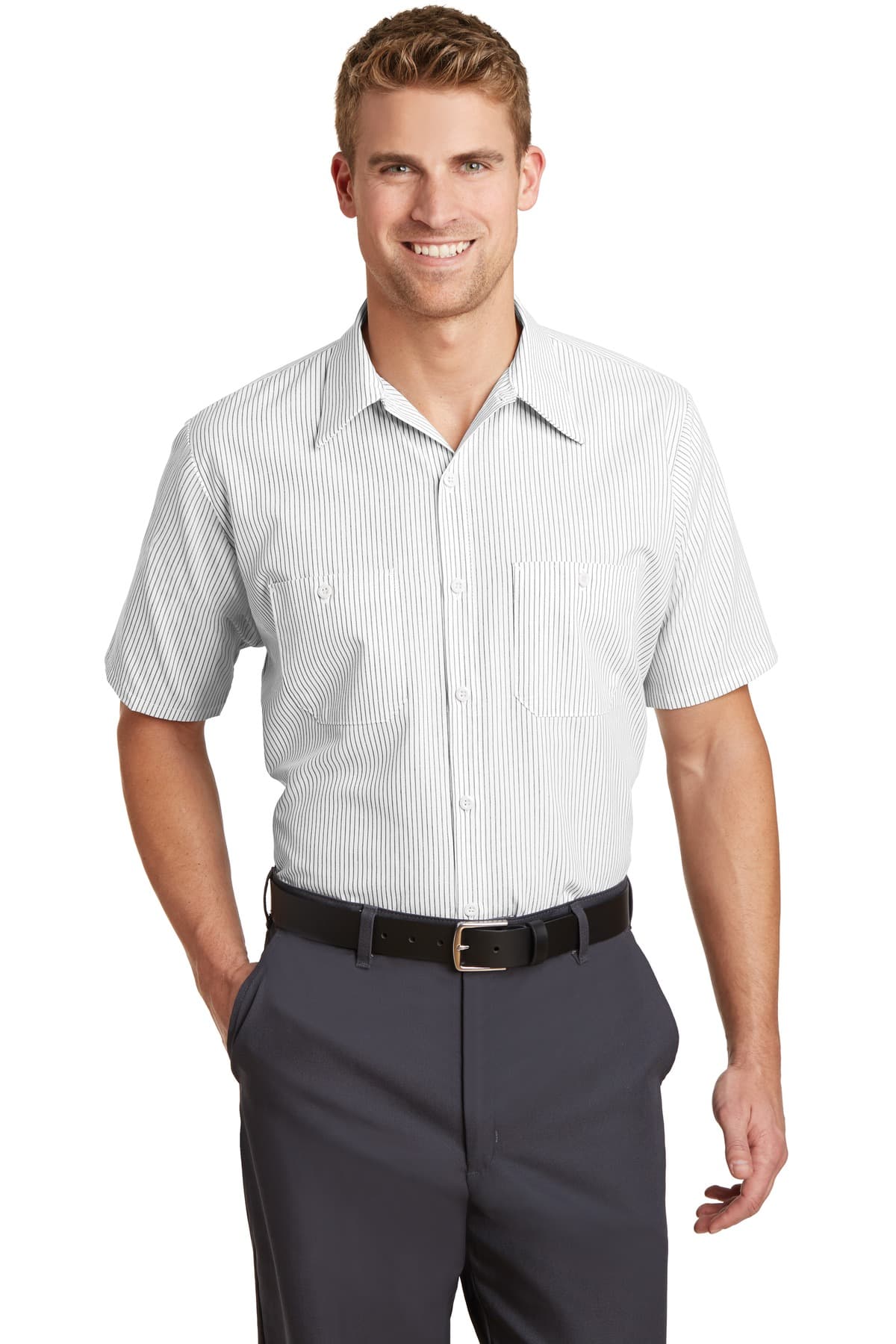 Red Kap Short Sleeve Striped Industrial Work Shirt. in Grey/ White