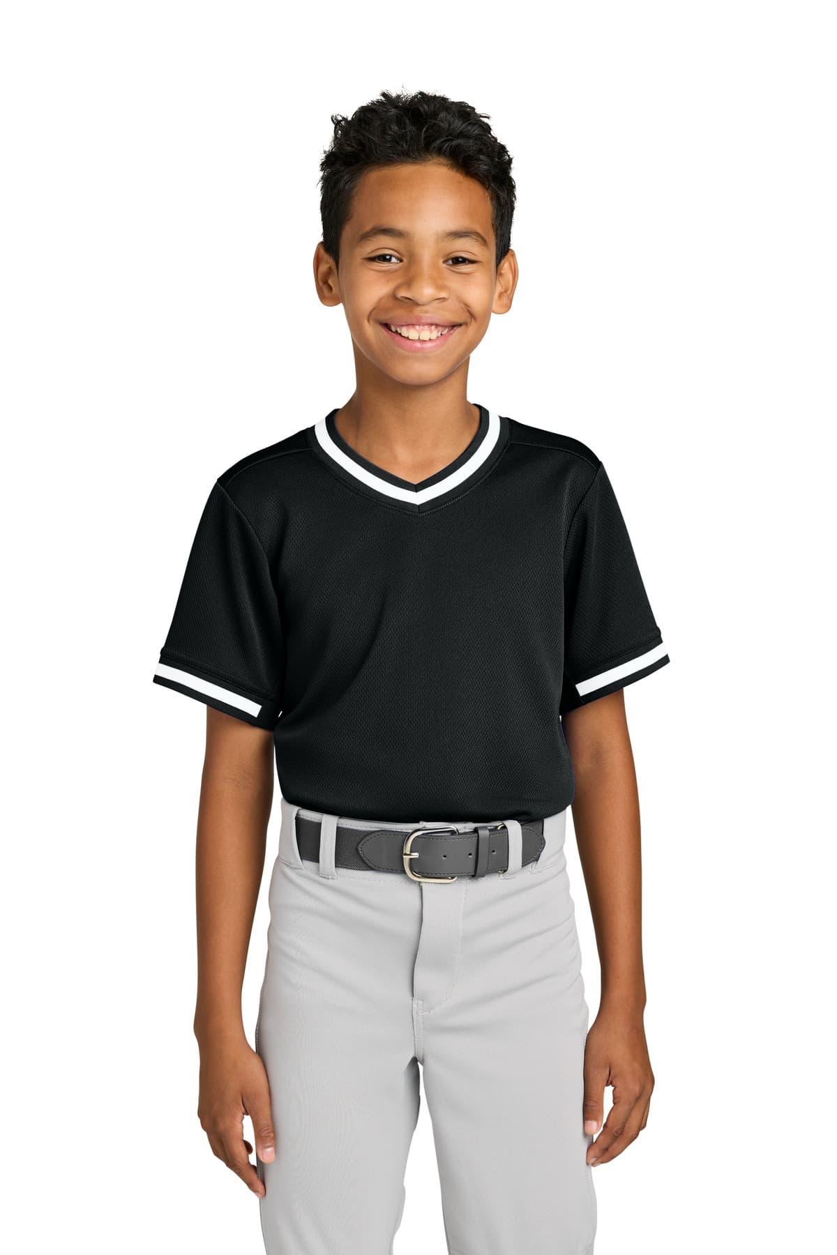 Sport-Tek Youth Tough Mesh V-Neck Baseball Jersey in Black