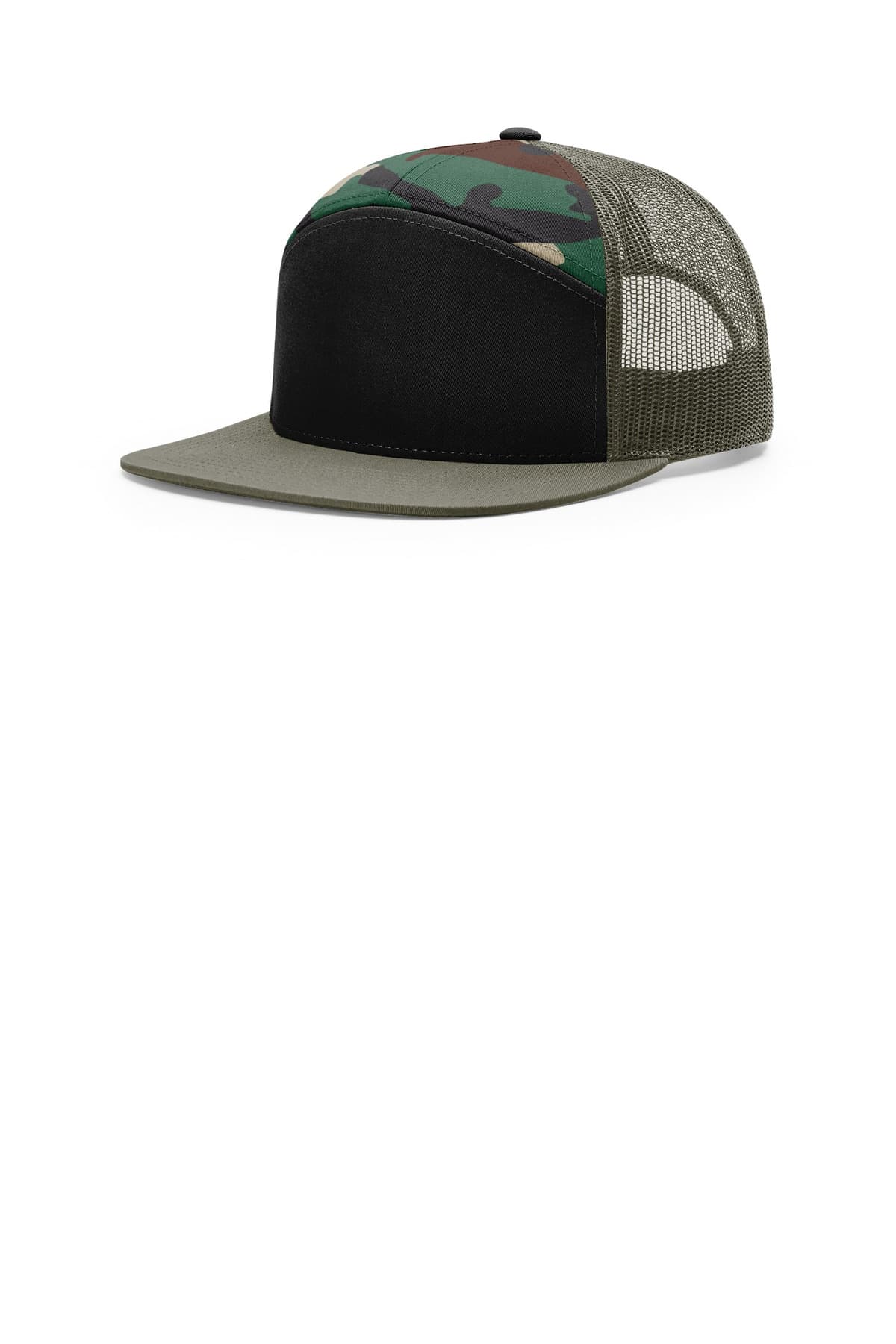 Richardson 7-Panel Trucker in Black/ Green Camo/ Loden