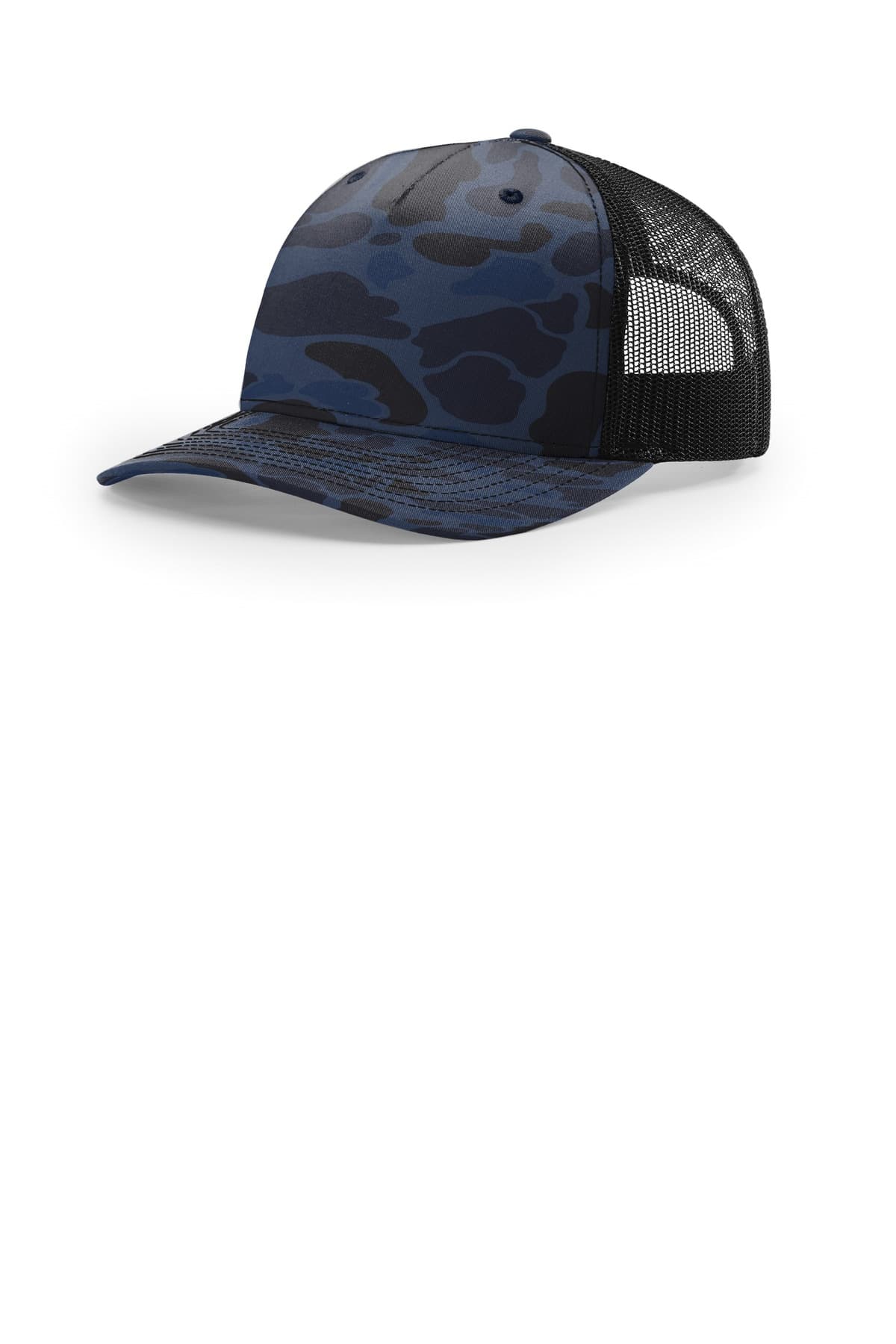 Richardson Printed Five-Panel Trucker in Admiral Duck Camo/ Black
